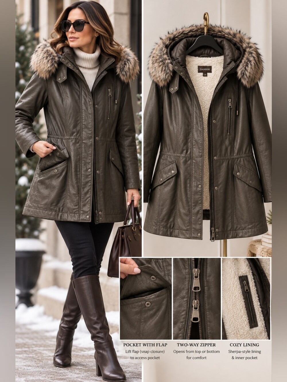 Danier Leather Winter Parka NWT Faux Fur Hood L